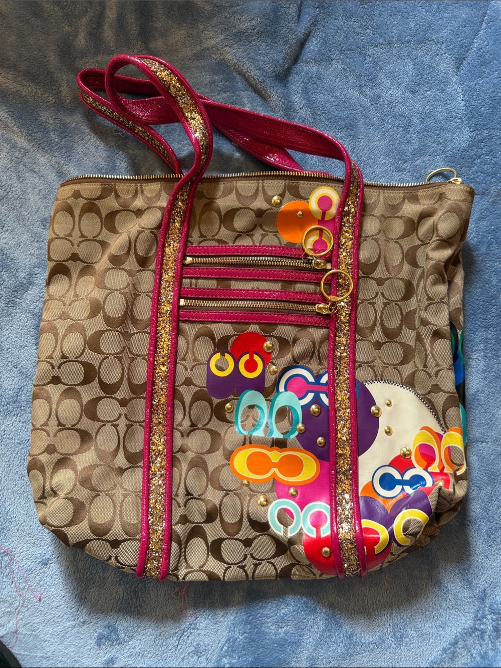 Coach Tan Signature Canvas Tote with Pink Trim and Multicolor Graphic Accents